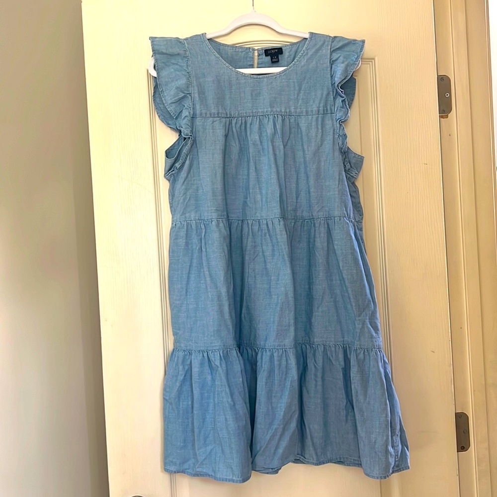JCrew chambray ruffled tiered dress with pockets